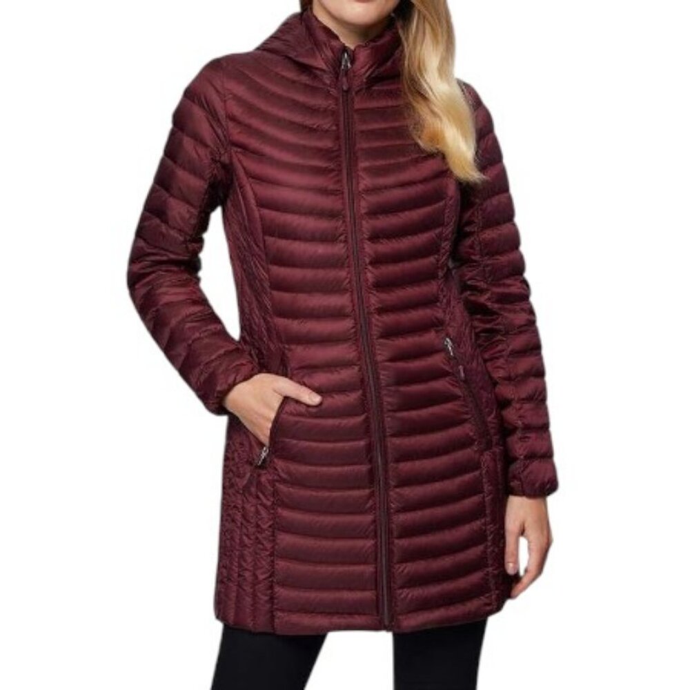 32 Degrees Heat women's maroon 3/4 ultra light down puffer coat size L